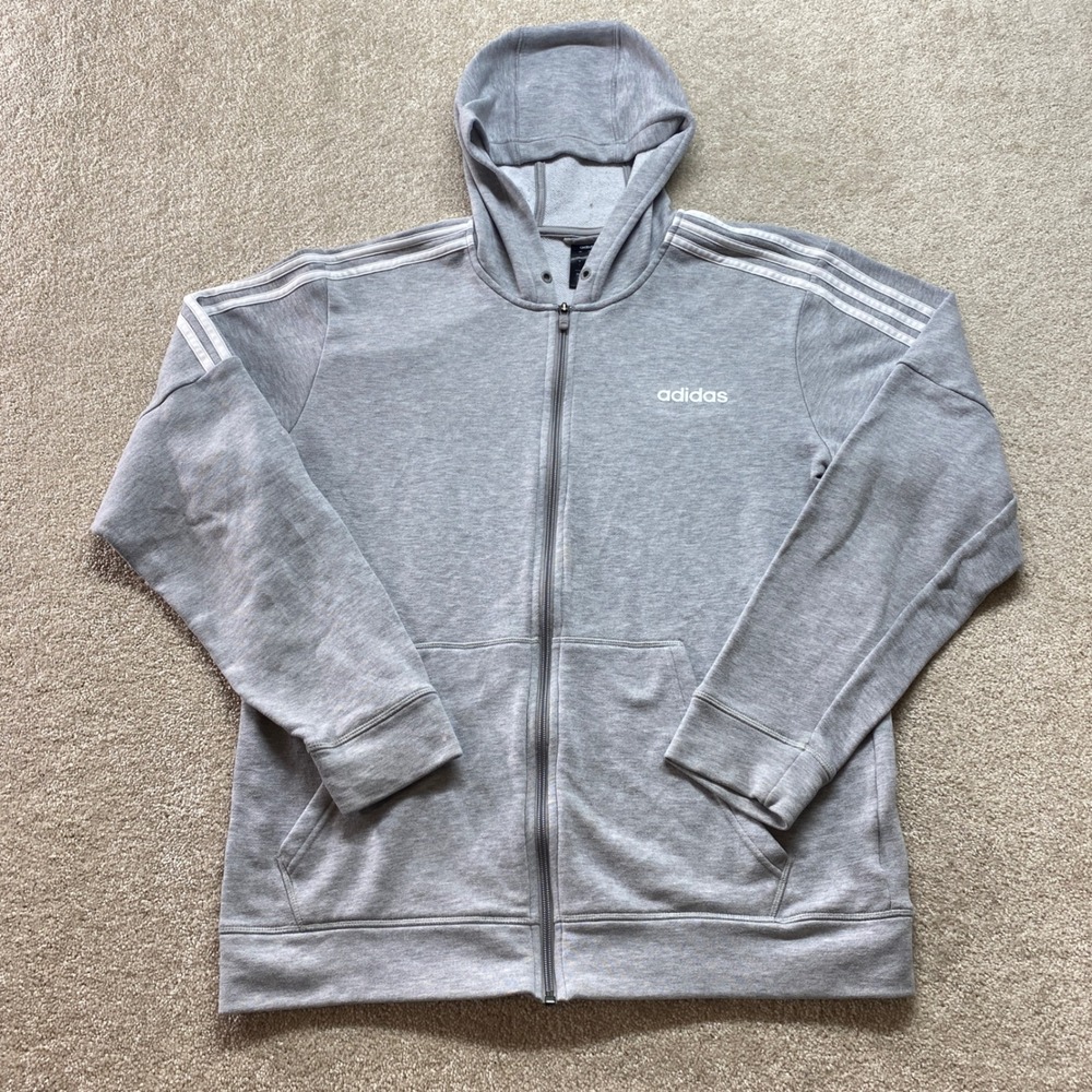 Adidas Sweatshirt Mens Large Gray Full Zip Hoodie‎ 3 Stripe Logo Athletic